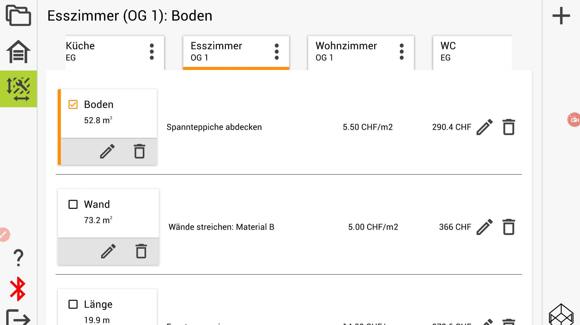 Flächen, Längen etc. werden mit Arbeiten erfasst